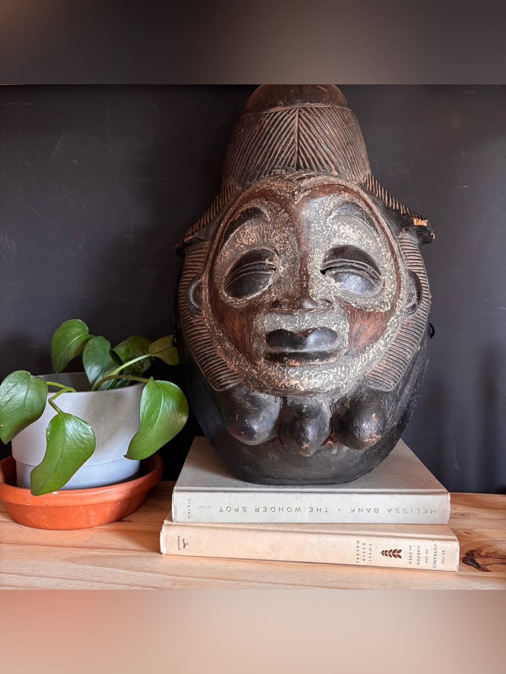 Handcrafted Tribal Wooden Mask Sculpture in Dark Brown